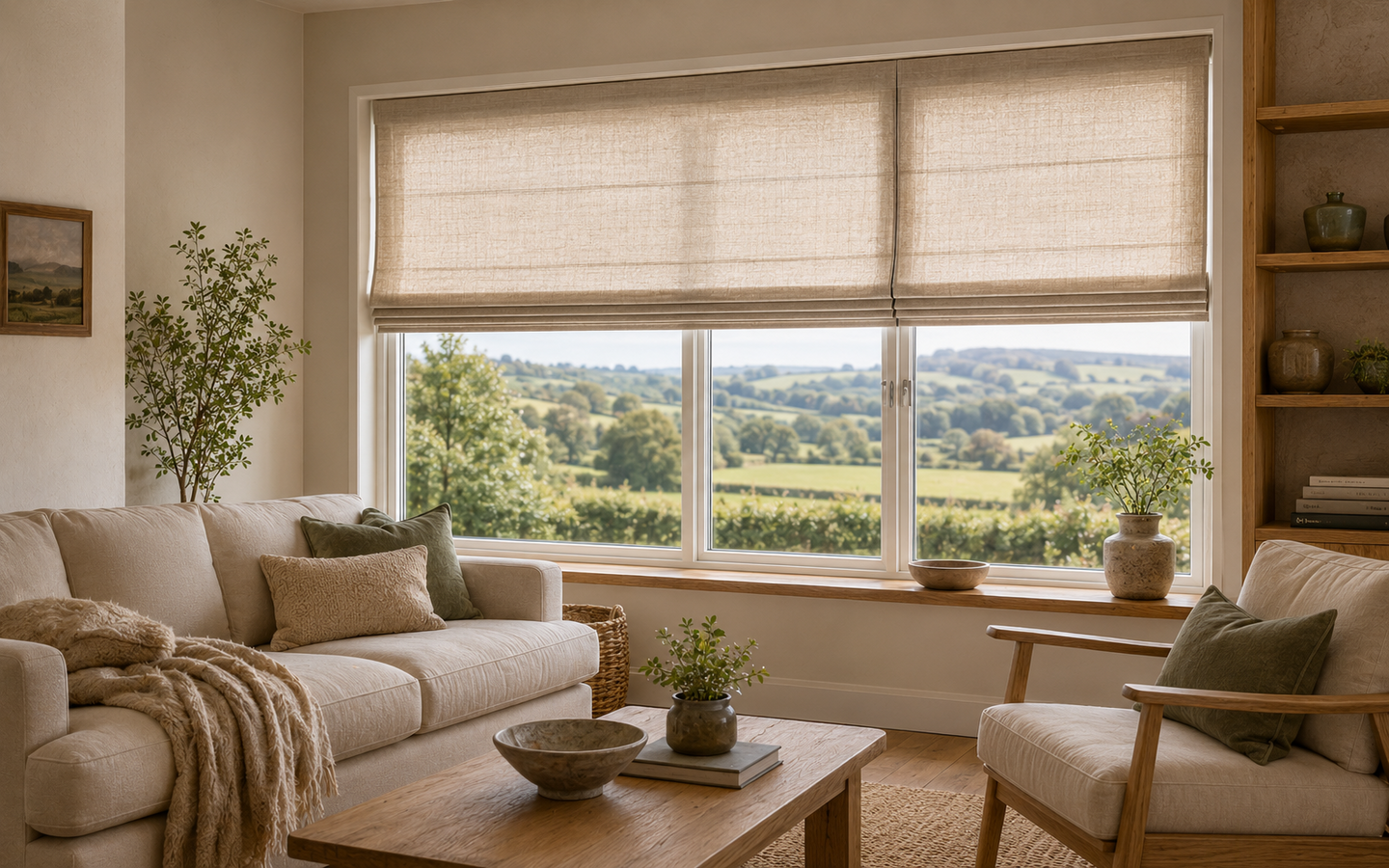 Neutral made-to-measure Roman blinds fitted in a warm Irish sitting room